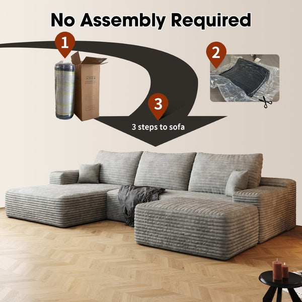 English Elm 107Cloud U-Shaped Sectional Sofa Plush Corduroy Deep Seat Modular Living Room Grey W2824S00259
