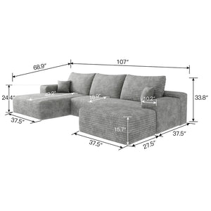 English Elm 107Cloud U-Shaped Sectional Sofa Plush Corduroy Deep Seat Modular Living Room Grey W2824S00259