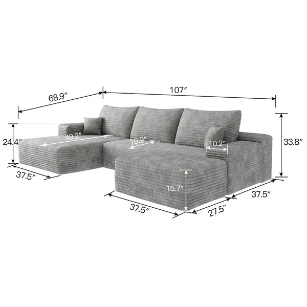 English Elm 107Cloud U-Shaped Sectional Sofa Plush Corduroy Deep Seat Modular Living Room Grey W2824S00259