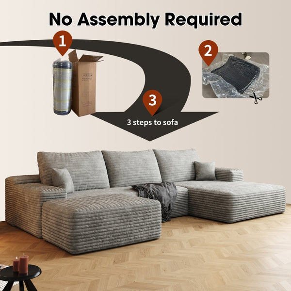 English Elm 107 Inch U Shaped Cloud Sectional Sofa with Ottoman Plush Corduroy Deep Seat Couch Grey W2824S00260