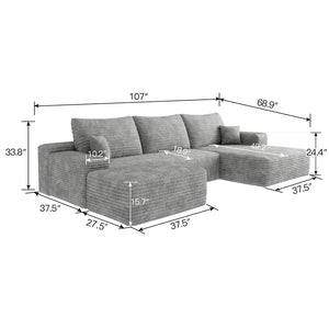 English Elm 107 Inch U Shaped Cloud Sectional Sofa with Ottoman Plush Corduroy Deep Seat Couch Grey W2824S00260