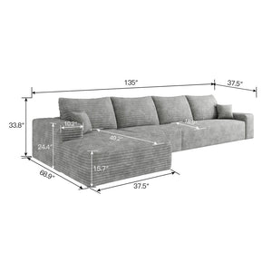 English Elm 135 Inch L Shaped Modular Sectional Sofa Plush Corduroy Deep Seat Living Room Couch Grey - A W2824S00261