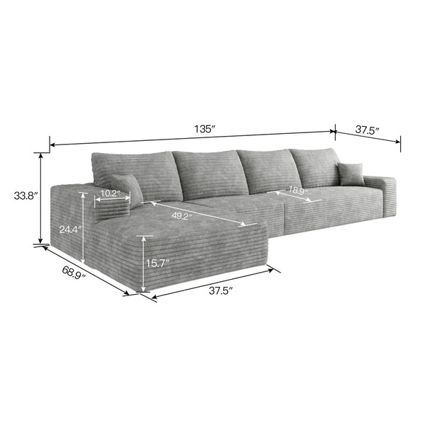 English Elm 135 Inch L Shaped Modular Sectional Sofa Plush Corduroy Deep Seat Living Room Couch Grey - A W2824S00261