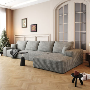 English Elm 135 Inch L Shaped Modular Sectional Sofa Plush Corduroy Deep Seat Living Room Couch Grey - B W2824S00262