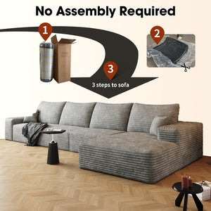 English Elm 135 Inch L Shaped Modular Sectional Sofa Plush Corduroy Deep Seat Living Room Couch Grey - B W2824S00262