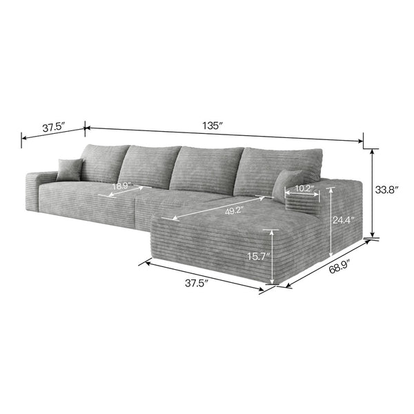 English Elm 135 Inch L Shaped Modular Sectional Sofa Plush Corduroy Deep Seat Living Room Couch Grey - B W2824S00262