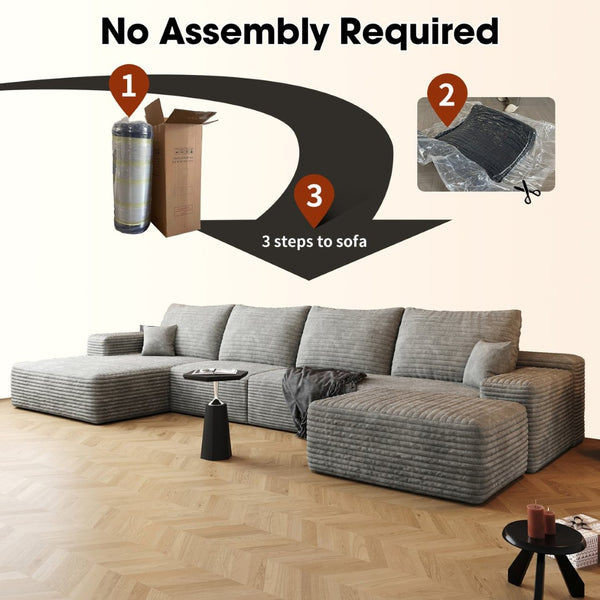 English Elm 135 Inch U Shaped Cloud Sectional with Ottoman Plush Corduroy Deep Seat Lounge Sofa Grey - A W2824S00263