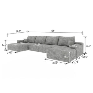 English Elm 135 Inch U Shaped Cloud Sectional with Ottoman Plush Corduroy Deep Seat Lounge Sofa Grey - A W2824S00263