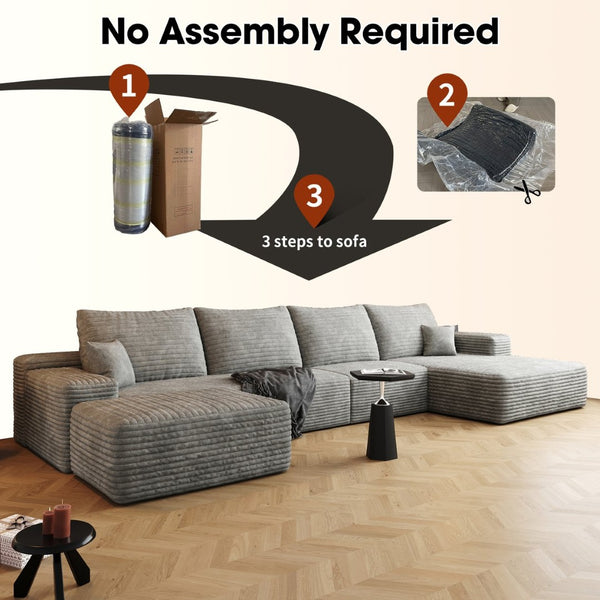 English Elm 135 Inch U Shaped Cloud Sectional with Ottoman Plush Corduroy Deep Seat Lounge Sofa Grey - B W2824S00264