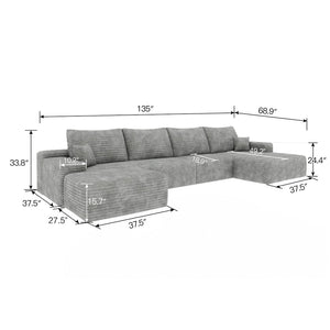 English Elm 135 Inch U Shaped Cloud Sectional with Ottoman Plush Corduroy Deep Seat Lounge Sofa Grey - B W2824S00264