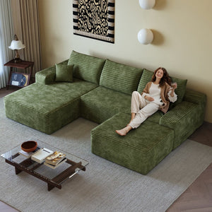 English Elm 107Cloud U Shaped Sectional Sofa with Ottoman Plush Corduroy Deep Seat Living Room Green W2824S00267