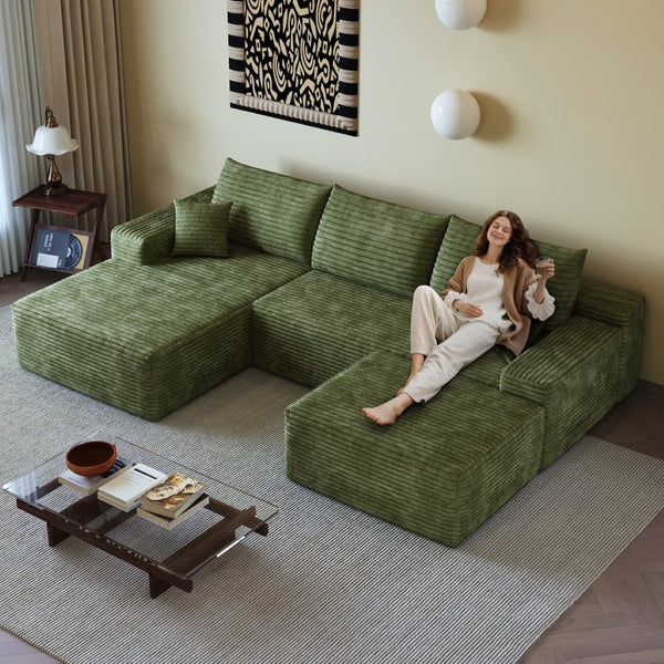 English Elm 107Cloud U Shaped Sectional Sofa with Ottoman Plush Corduroy Deep Seat Living Room Green W2824S00267