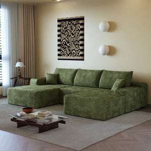English Elm 107Cloud U Shaped Sectional Sofa with Ottoman Plush Corduroy Deep Seat Living Room Green W2824S00267