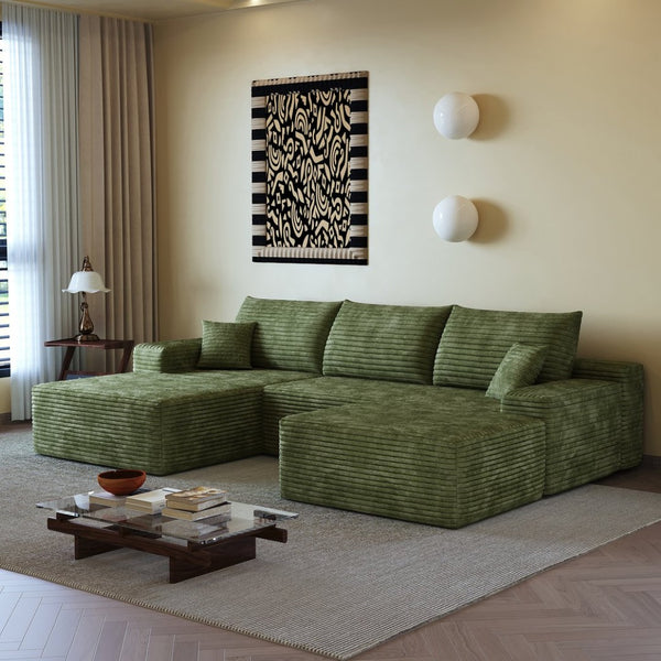 English Elm 107Cloud U Shaped Sectional Sofa with Ottoman Plush Corduroy Deep Seat Living Room Green W2824S00267