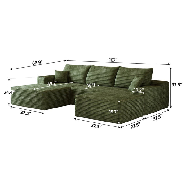 English Elm 107Cloud U Shaped Sectional Sofa with Ottoman Plush Corduroy Deep Seat Living Room Green W2824S00267