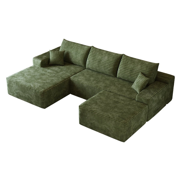 English Elm 107Cloud U Shaped Sectional Sofa with Ottoman Plush Corduroy Deep Seat Living Room Green W2824S00267