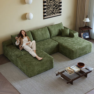 English Elm 107 Inch U Shaped Cloud Sectional Sofa with Ottoman Plush Corduroy Modern Living Room Green W2824S00268