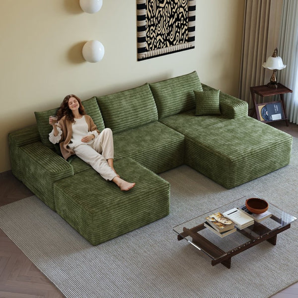 English Elm 107 Inch U Shaped Cloud Sectional Sofa with Ottoman Plush Corduroy Modern Living Room Green W2824S00268
