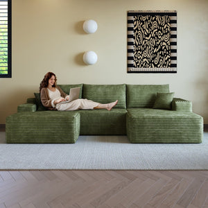 English Elm 107 Inch U Shaped Cloud Sectional Sofa with Ottoman Plush Corduroy Modern Living Room Green W2824S00268