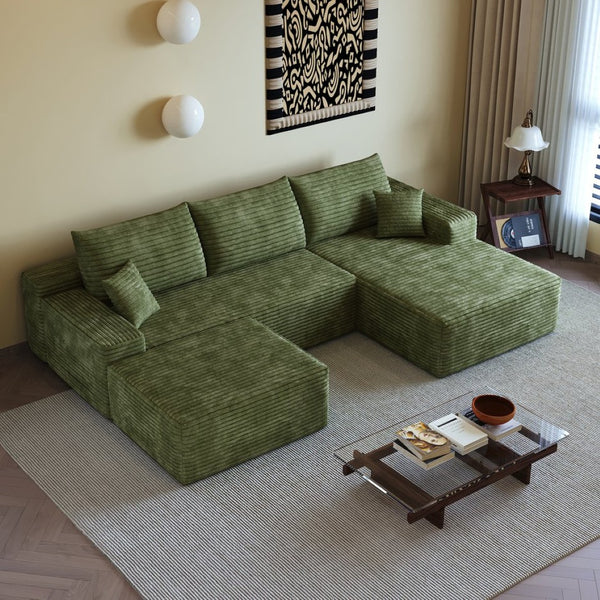 English Elm 107 Inch U Shaped Cloud Sectional Sofa with Ottoman Plush Corduroy Modern Living Room Green W2824S00268