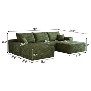 English Elm 107 Inch U Shaped Cloud Sectional Sofa with Ottoman Plush Corduroy Modern Living Room Green W2824S00268