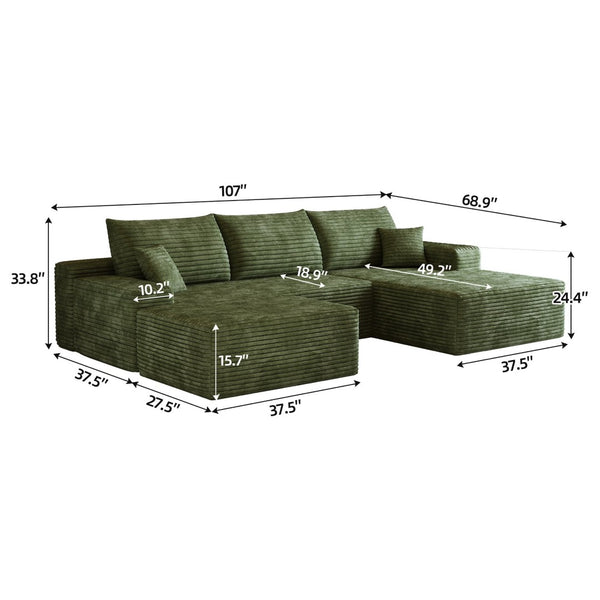 English Elm 107 Inch U Shaped Cloud Sectional Sofa with Ottoman Plush Corduroy Modern Living Room Green W2824S00268