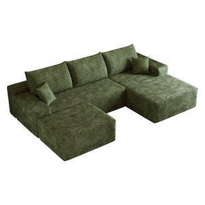 English Elm 107 Inch U Shaped Cloud Sectional Sofa with Ottoman Plush Corduroy Modern Living Room Green W2824S00268