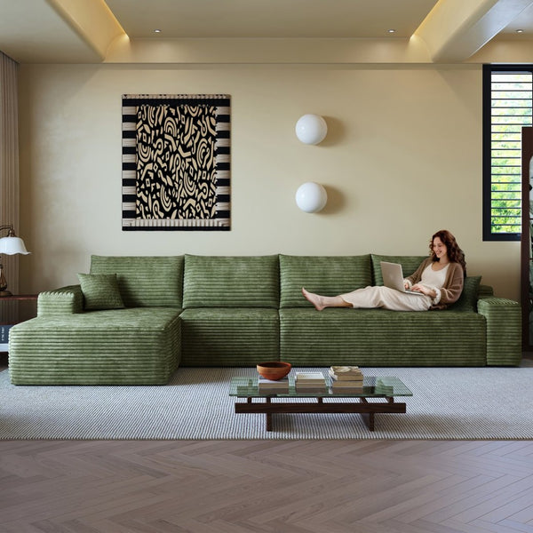 English Elm 135 Inch Modular Cloud Sectional Sofa Plush Corduroy Deep Seat Chaise for Living Room Green - A W2824S00269
