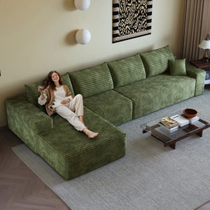English Elm 135 Inch Modular Cloud Sectional Sofa Plush Corduroy Deep Seat Chaise for Living Room Green - A W2824S00269