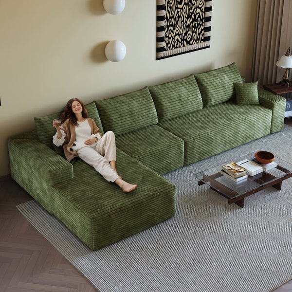 English Elm 135 Inch Modular Cloud Sectional Sofa Plush Corduroy Deep Seat Chaise for Living Room Green - A W2824S00269