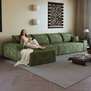 English Elm 135 Inch Modular Cloud Sectional Sofa Plush Corduroy Deep Seat Chaise for Living Room Green - A W2824S00269