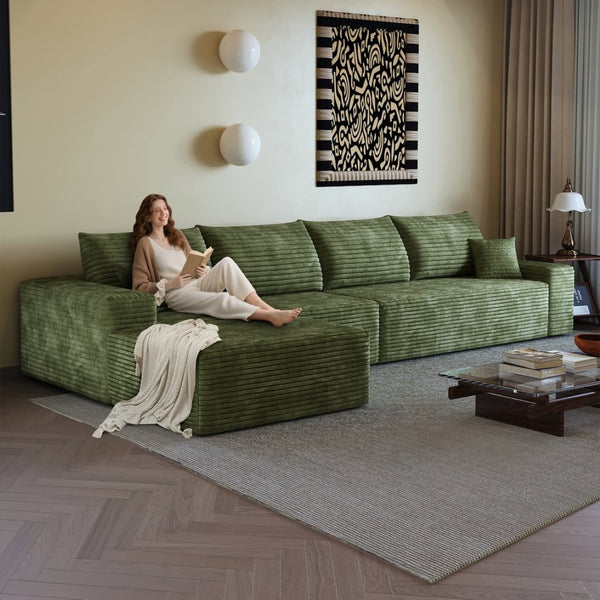 English Elm 135 Inch Modular Cloud Sectional Sofa Plush Corduroy Deep Seat Chaise for Living Room Green - A W2824S00269