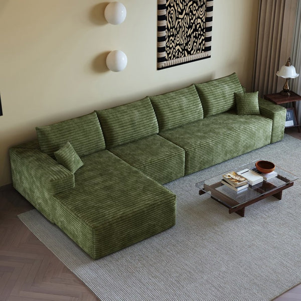 English Elm 135 Inch Modular Cloud Sectional Sofa Plush Corduroy Deep Seat Chaise for Living Room Green - A W2824S00269