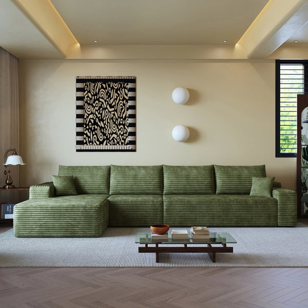 English Elm 135 Inch Modular Cloud Sectional Sofa Plush Corduroy Deep Seat Chaise for Living Room Green - A W2824S00269