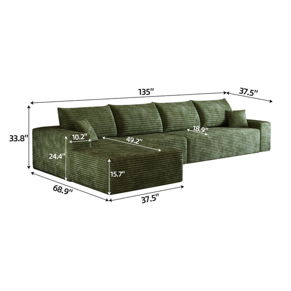 English Elm 135 Inch Modular Cloud Sectional Sofa Plush Corduroy Deep Seat Chaise for Living Room Green - A W2824S00269