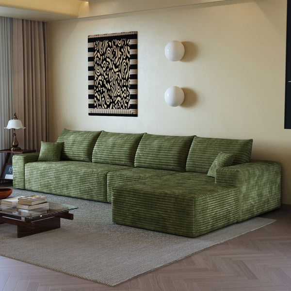 English Elm 135 Inch Modular Cloud Sectional Sofa Plush Corduroy Deep Seat Chaise for Living Room Green - B W2824S00270