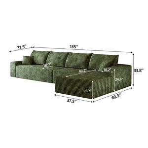 English Elm 135 Inch Modular Cloud Sectional Sofa Plush Corduroy Deep Seat Chaise for Living Room Green - B W2824S00270