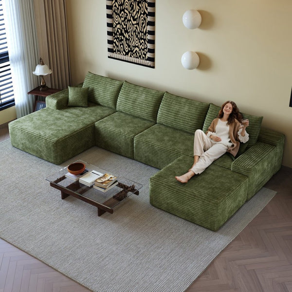 English Elm 135 Inch U Shaped Cloud Sectional Sofa in Plush Corduroy No Assembly Modern Living Green With Black W2824S00271