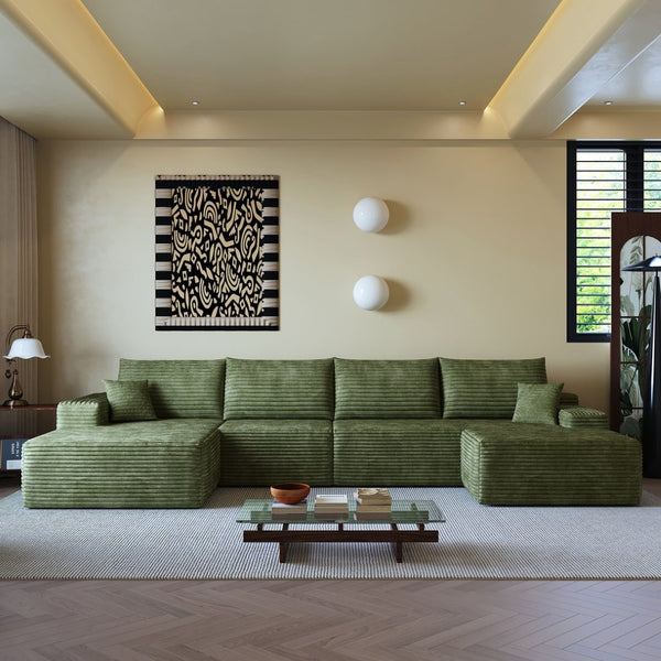 English Elm 135 Inch U Shaped Cloud Sectional Sofa in Plush Corduroy No Assembly Modern Living Green With Black W2824S00271