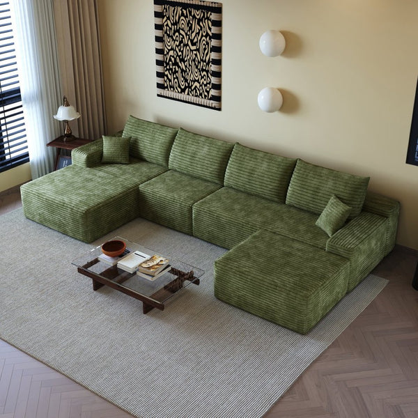 English Elm 135 Inch U Shaped Cloud Sectional Sofa in Plush Corduroy No Assembly Modern Living Green With Black W2824S00271