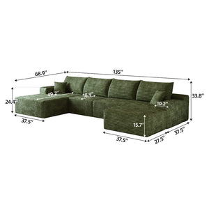 English Elm 135 Inch U Shaped Cloud Sectional Sofa in Plush Corduroy No Assembly Modern Living Green With Black W2824S00271