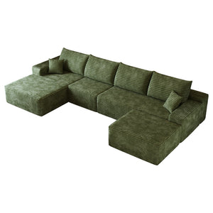 English Elm 135 Inch U Shaped Cloud Sectional Sofa in Plush Corduroy No Assembly Modern Living Green With Black W2824S00271