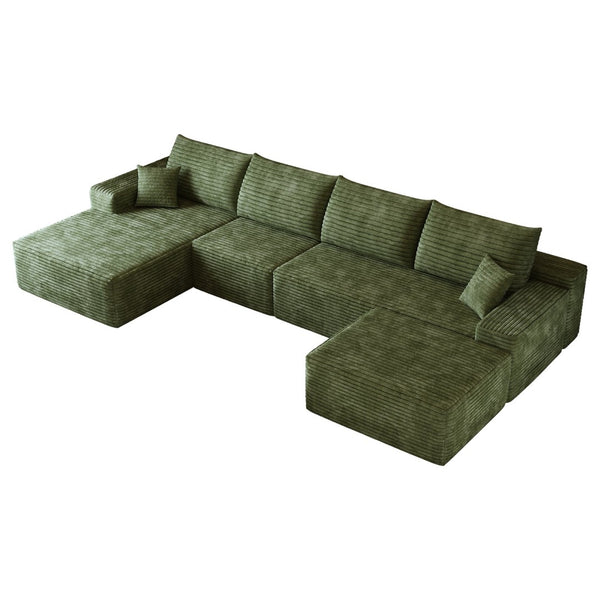 English Elm 135 Inch U Shaped Cloud Sectional Sofa in Plush Corduroy No Assembly Modern Living Green With Black W2824S00271