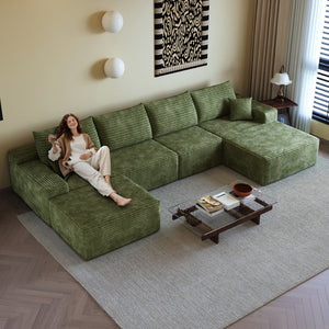 English Elm 135 Inch U Shaped Cloud Sectional Sofa in Plush Corduroy No Assembly Modern Living Green Standard W2824S00272