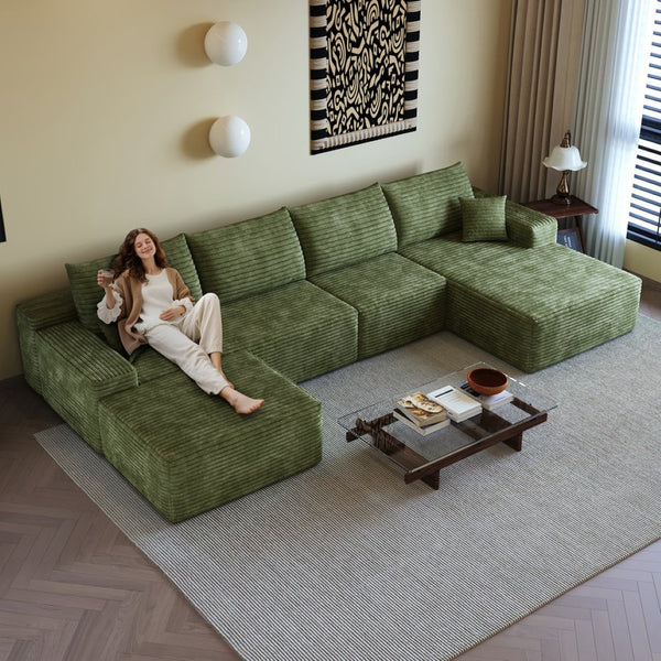 English Elm 135 Inch U Shaped Cloud Sectional Sofa in Plush Corduroy No Assembly Modern Living Green Standard W2824S00272