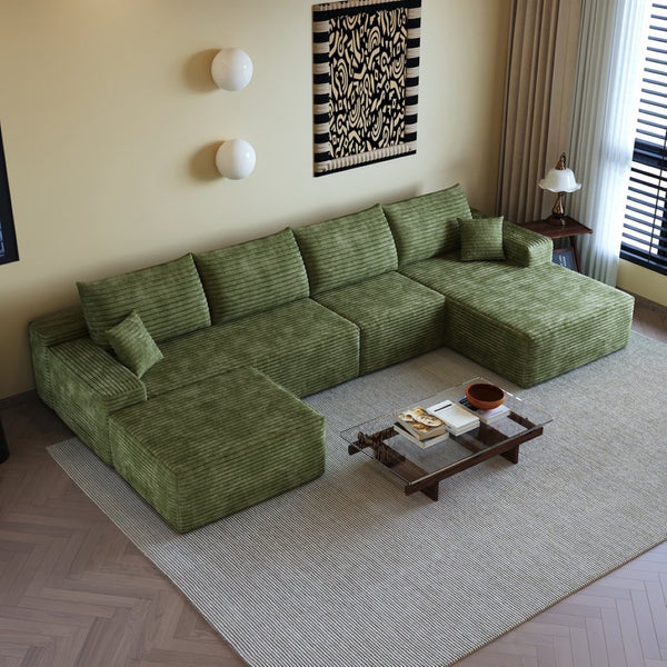 English Elm 135 Inch U Shaped Cloud Sectional Sofa in Plush Corduroy No Assembly Modern Living Green Standard W2824S00272
