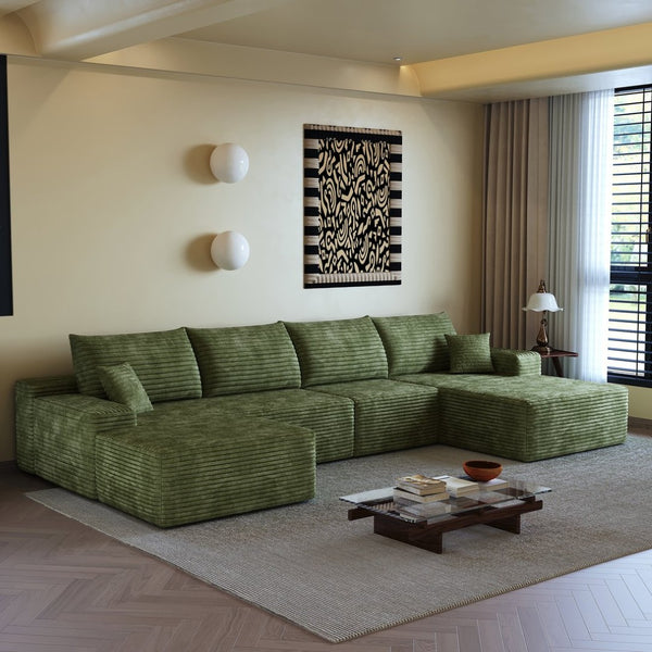 English Elm 135 Inch U Shaped Cloud Sectional Sofa in Plush Corduroy No Assembly Modern Living Green Standard W2824S00272