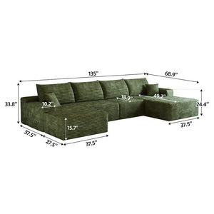 English Elm 135 Inch U Shaped Cloud Sectional Sofa in Plush Corduroy No Assembly Modern Living Green Standard W2824S00272