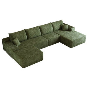 English Elm 135 Inch U Shaped Cloud Sectional Sofa in Plush Corduroy No Assembly Modern Living Green Standard W2824S00272
