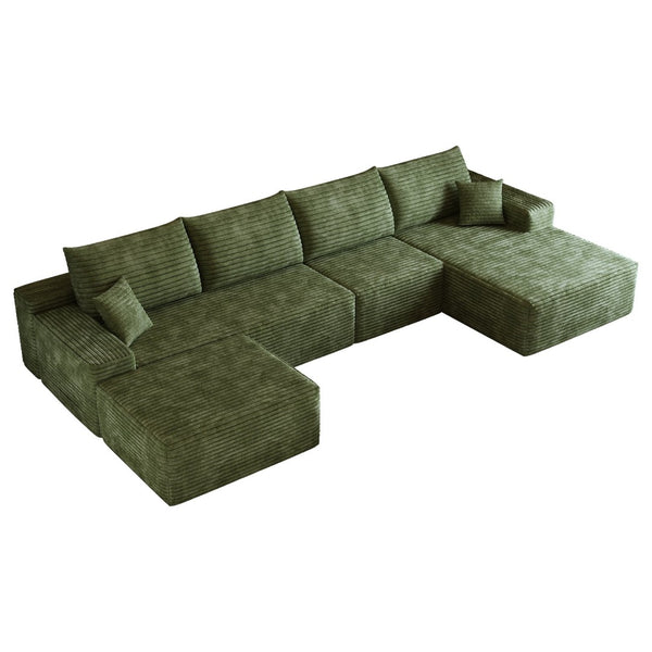 English Elm 135 Inch U Shaped Cloud Sectional Sofa in Plush Corduroy No Assembly Modern Living Green Standard W2824S00272